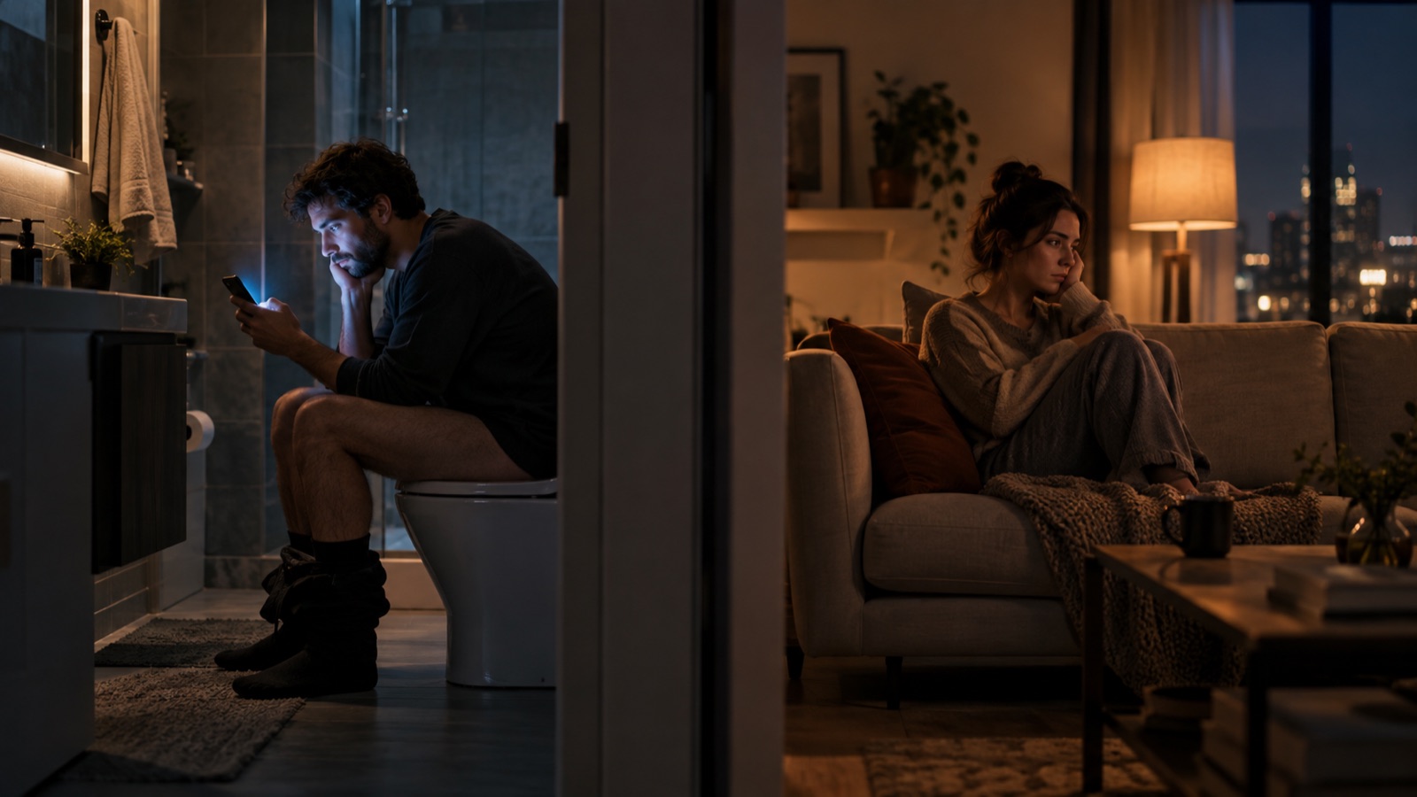 A man sitting in a bathroom looking at his phone while his partner sits alone on a sofa in the next room